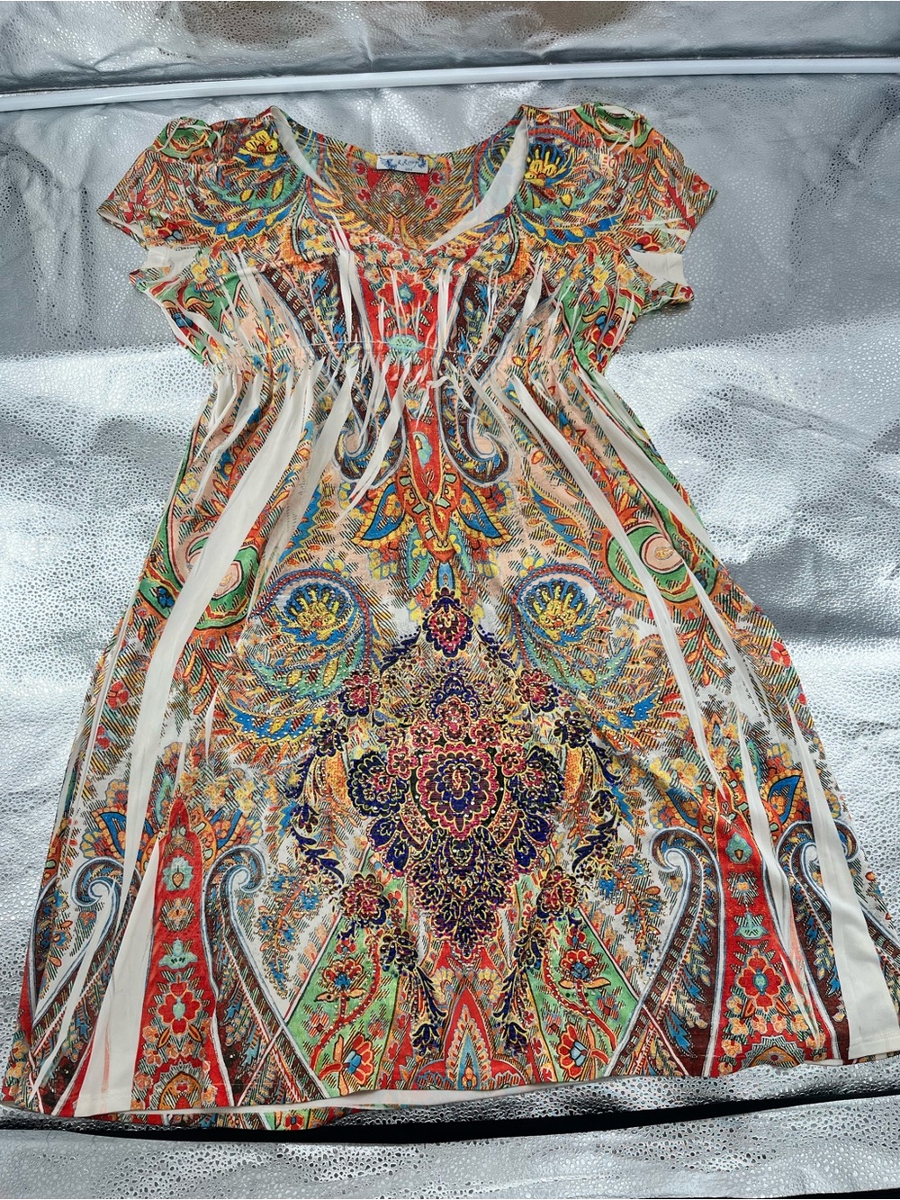 R.Rouge Paisley Print Embellished V-Neck Boho Short Sleeves Summer Dress Size XL